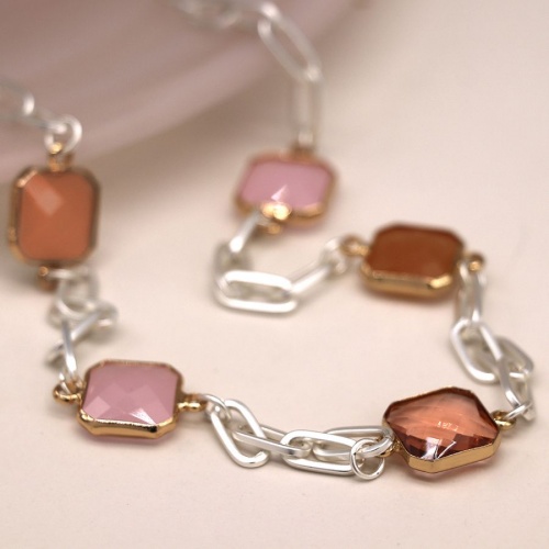 Silver Plated Necklace with Pink Mix Square Stones by Peace of Mind